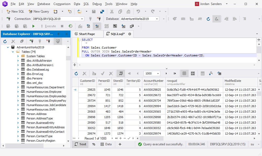 FULL OUTER JOIN generated by ChatGPT run in dbForge Studio for SQL Server