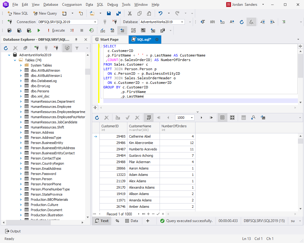 Run the LEFT JOIN query created by ChatGPT in dbForge Studio for SQL Server