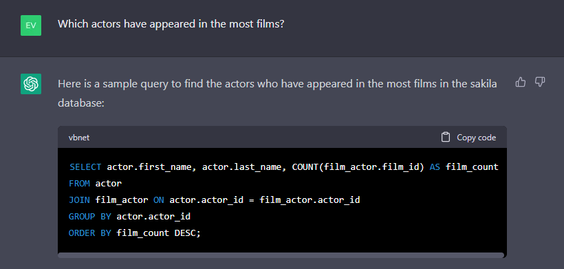 ChatGPT assisdtance with MySQL queries - actors that appeared in most films