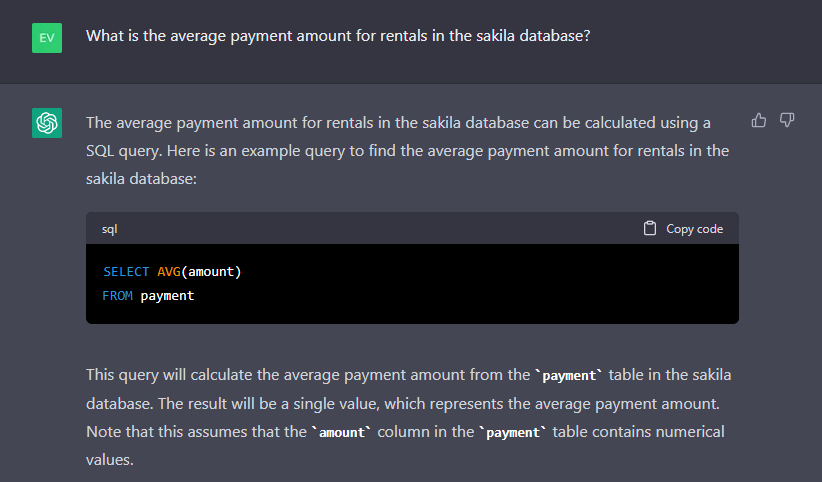 ChatGPT MySQL SELECT statement to get average payment amount for rentals