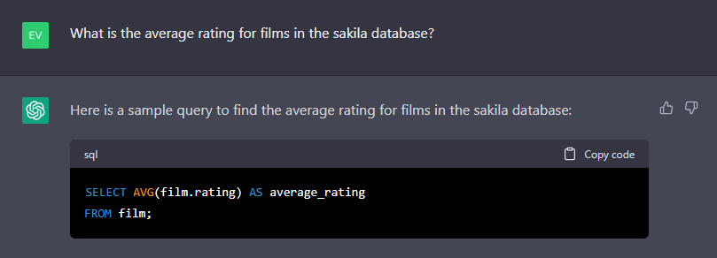 ChatGPT MySQL query to get the average rating for films