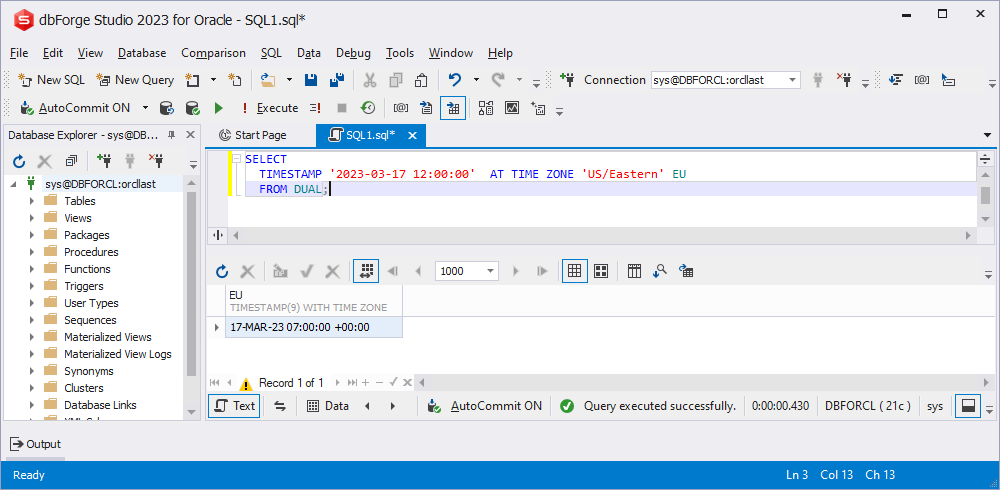 SELECT TIMESTAMP in dbForge Studio for Oracle