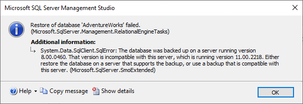 Microsoft SQL Server error when trying to upgrade a database
