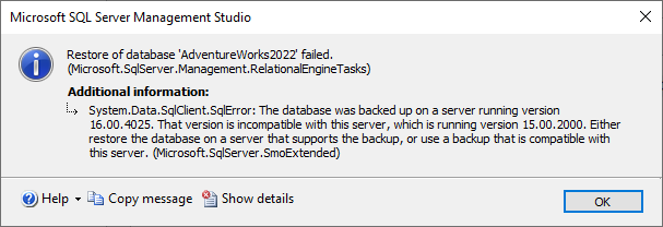 Microsoft SQL Server error when trying to downgrade a database