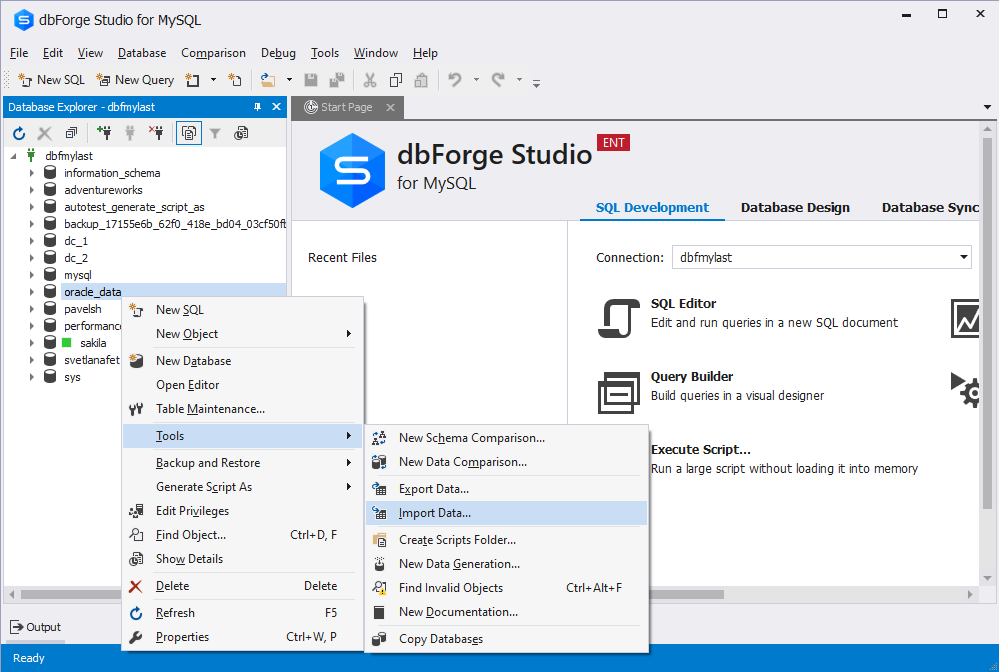 Open the Data Import wizard available in dbForge Studio for MySQL