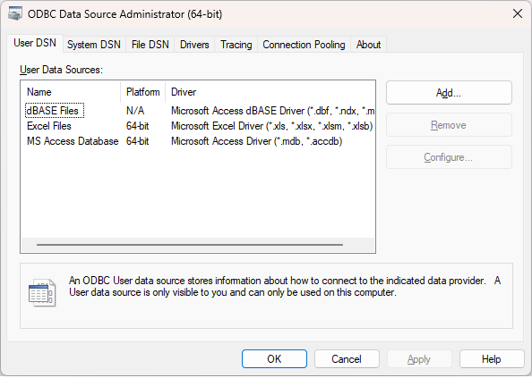Set up a data source name (DSN) for the ODBC driver in the Data Source Administrator utility