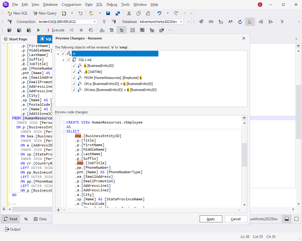 Alias refactoring in dbForge Studio for SQL Server