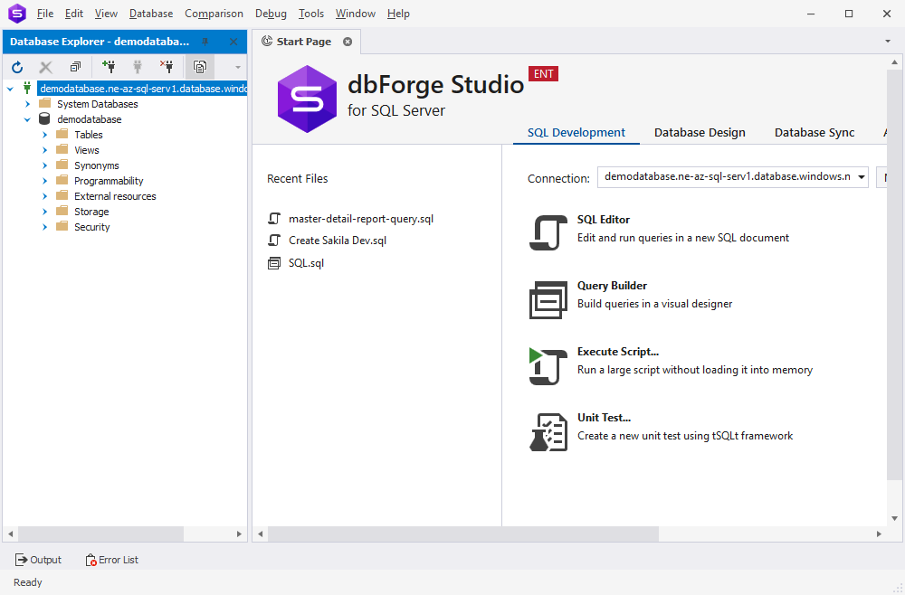 Successful connection to the Azure SQL database from dbForge Studio for SQL Server