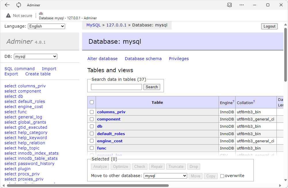 MySQL GUI Tool 10: Adminer