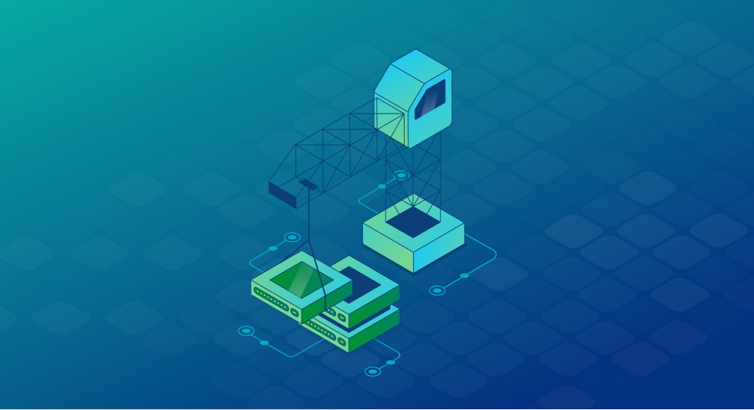 Abstract illustration of server components being assembled, visual for how to build a database from scratch.