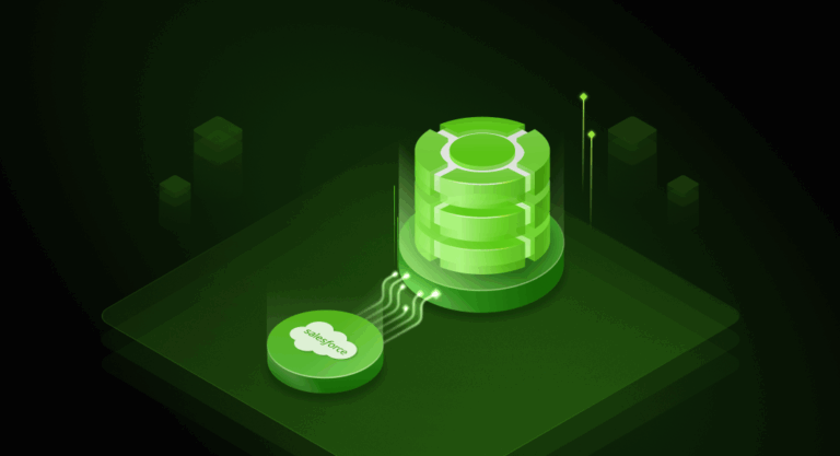 Green 3D illustration showing data syncing with Salesforce, symbolizing Salesforce integration software in action