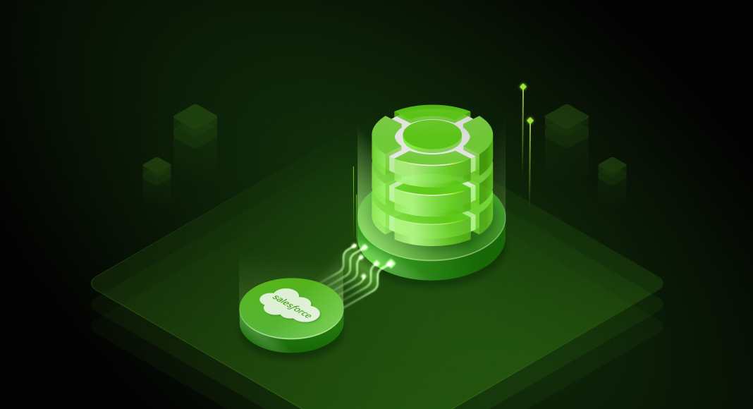 Green 3D illustration showing data syncing with Salesforce, symbolizing Salesforce integration software in action