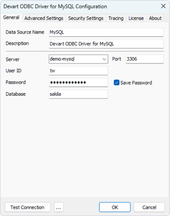 Devart ODBC Driver for MySQL DSN configuration window showing connection settings and tabs, including a dedicated Authentication tab.
