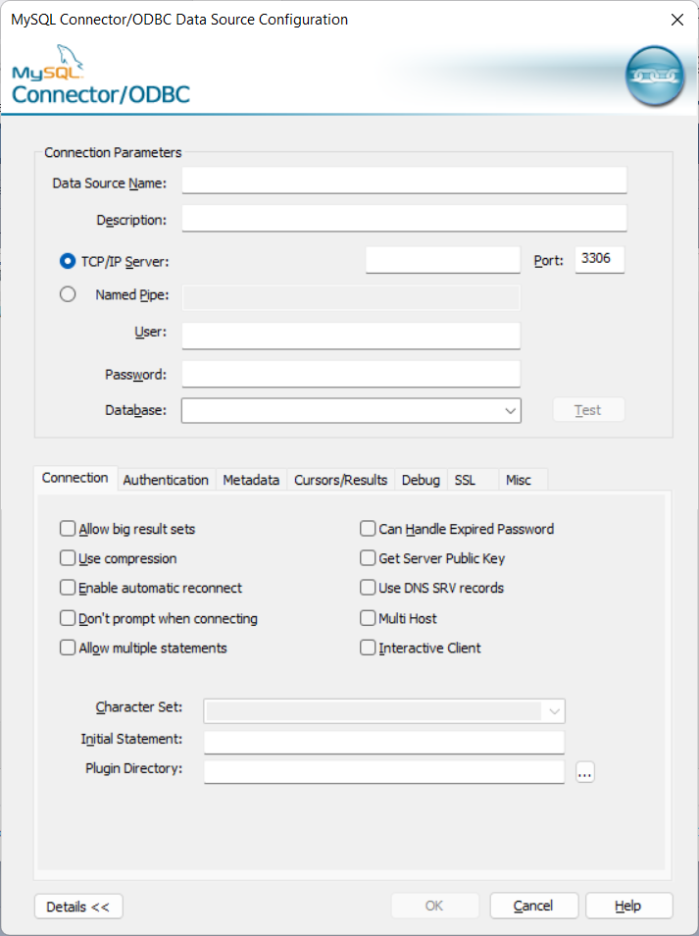 MySQL Connector/ODBC DSN configuration window showing connection parameters, authentication fields, and advanced connection options.
