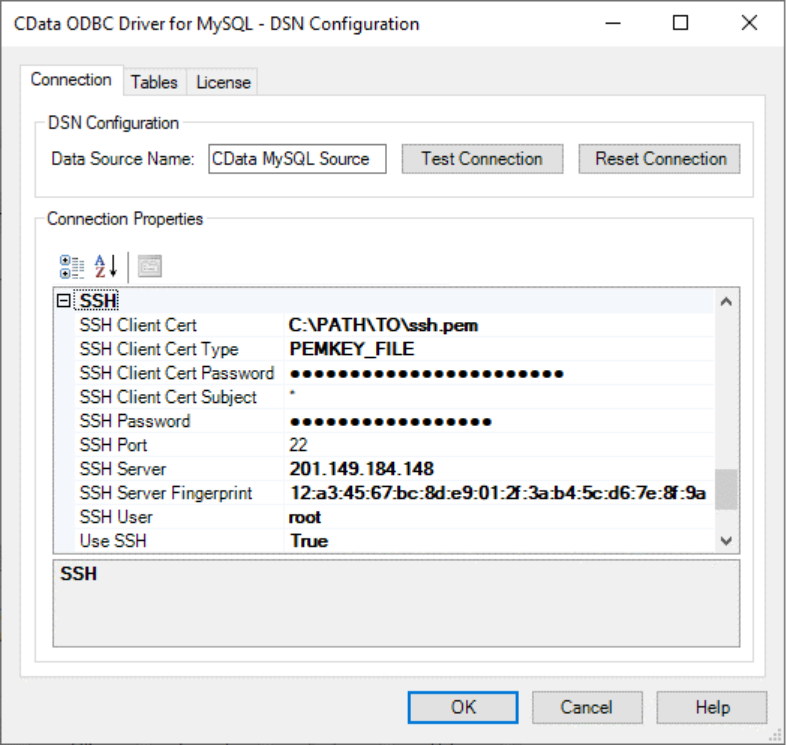 CData ODBC Driver for MySQL DSN configuration screen is showing connection properties and SSH settings.