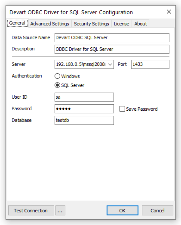 Devart SQL Server ODBC driver DSN configuration panel with server, port, authentication type, credentials, and test connection option.