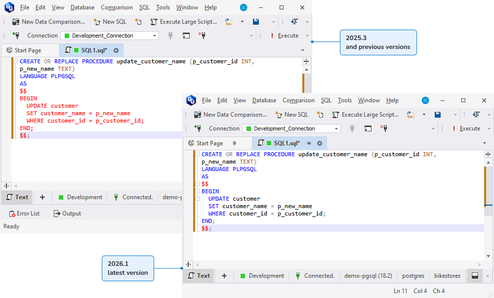 Syntax highlighting within code blocks enclosed in dollar quotes in dbForge Data Compare for PostgreSQL