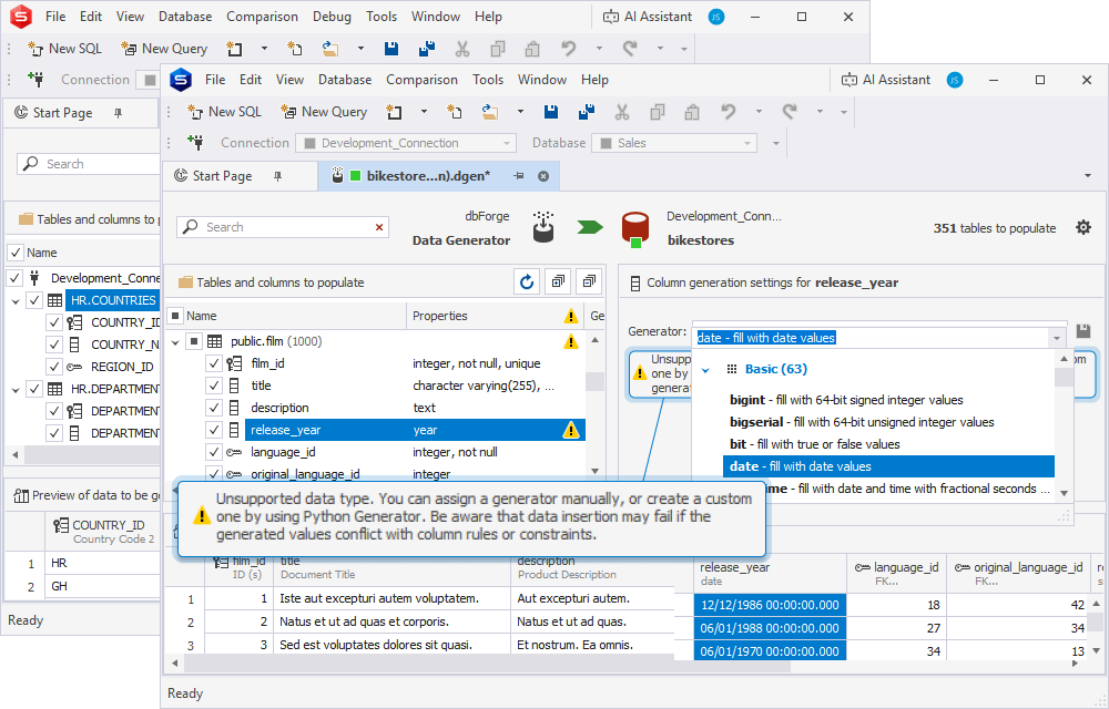 The warning thrown when selecting to include columns with unsupported data types