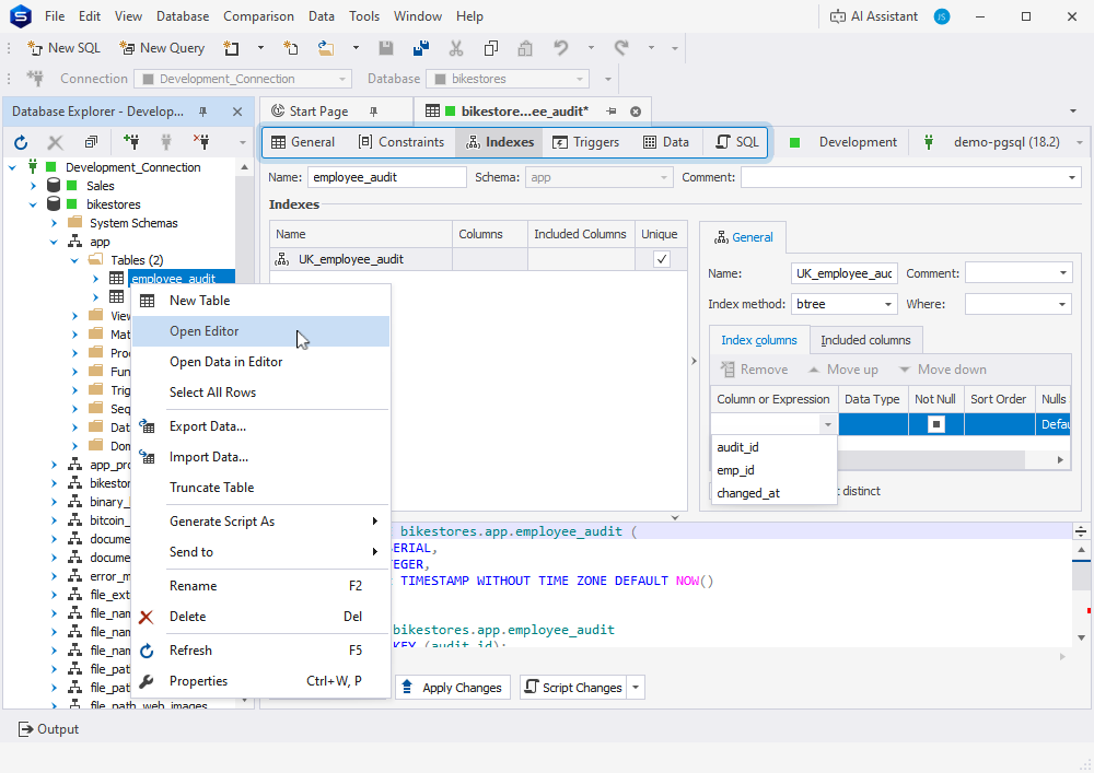 Visual design and management of database tables