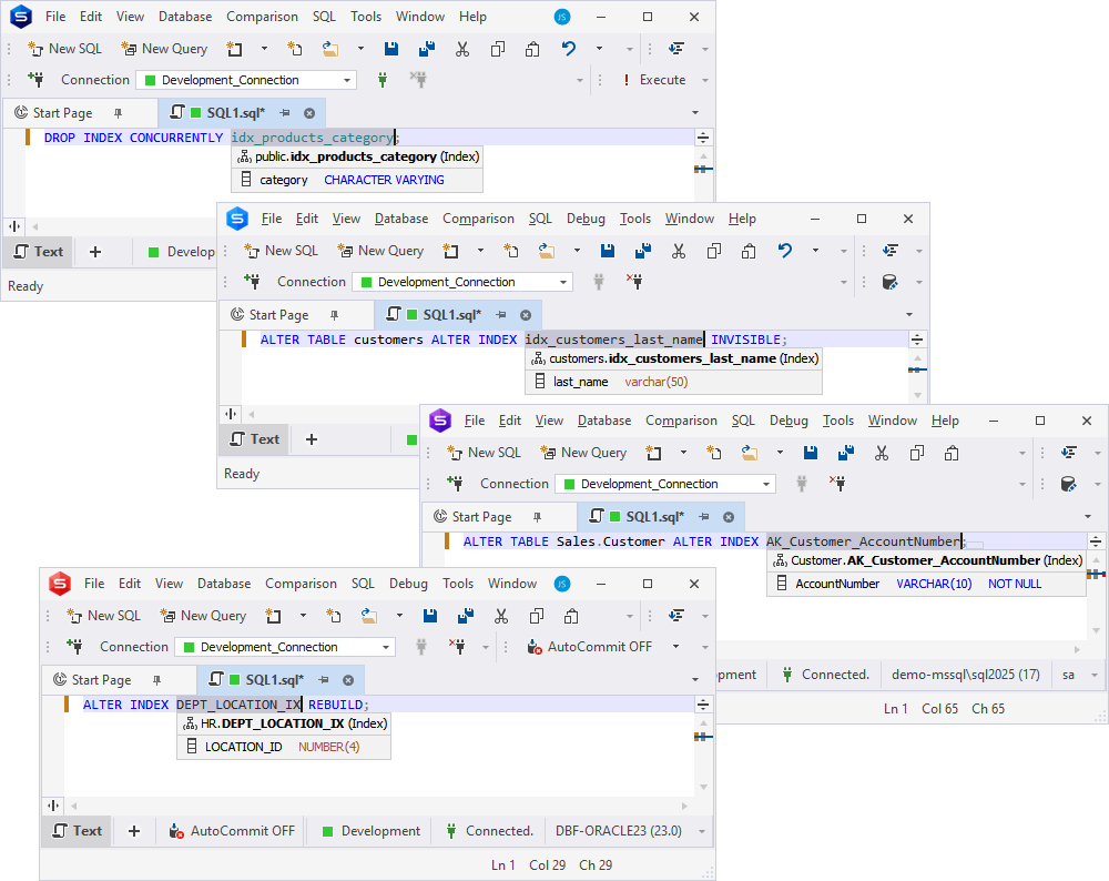 Quick info displaying a special icon indicating that the selected column is indexed