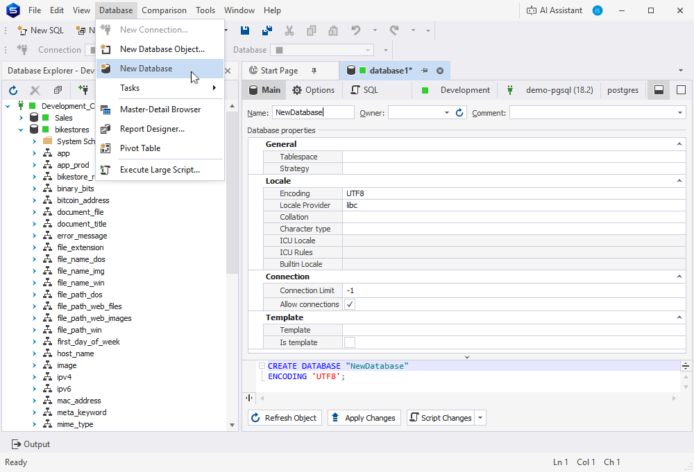Creation and management of database objects using the Studio's graphical interface