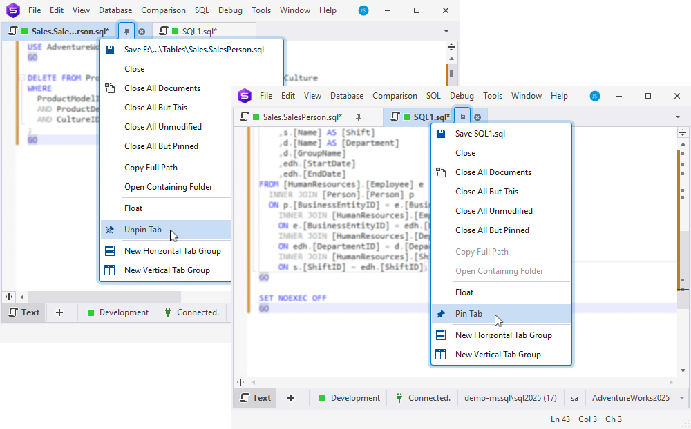 Pinned tabs for quick access to important or frequently used files