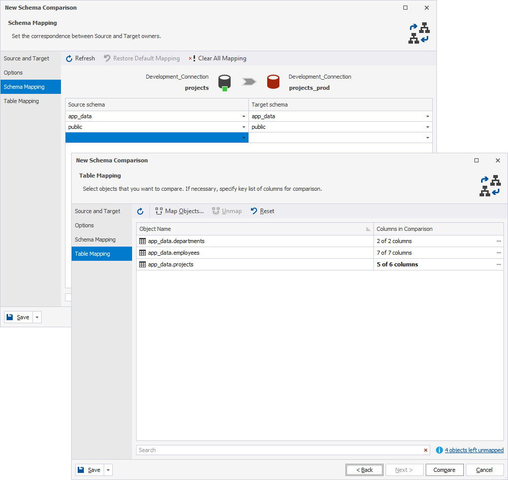 New Schema Comparison - Schema Mapping and Table Mapping
