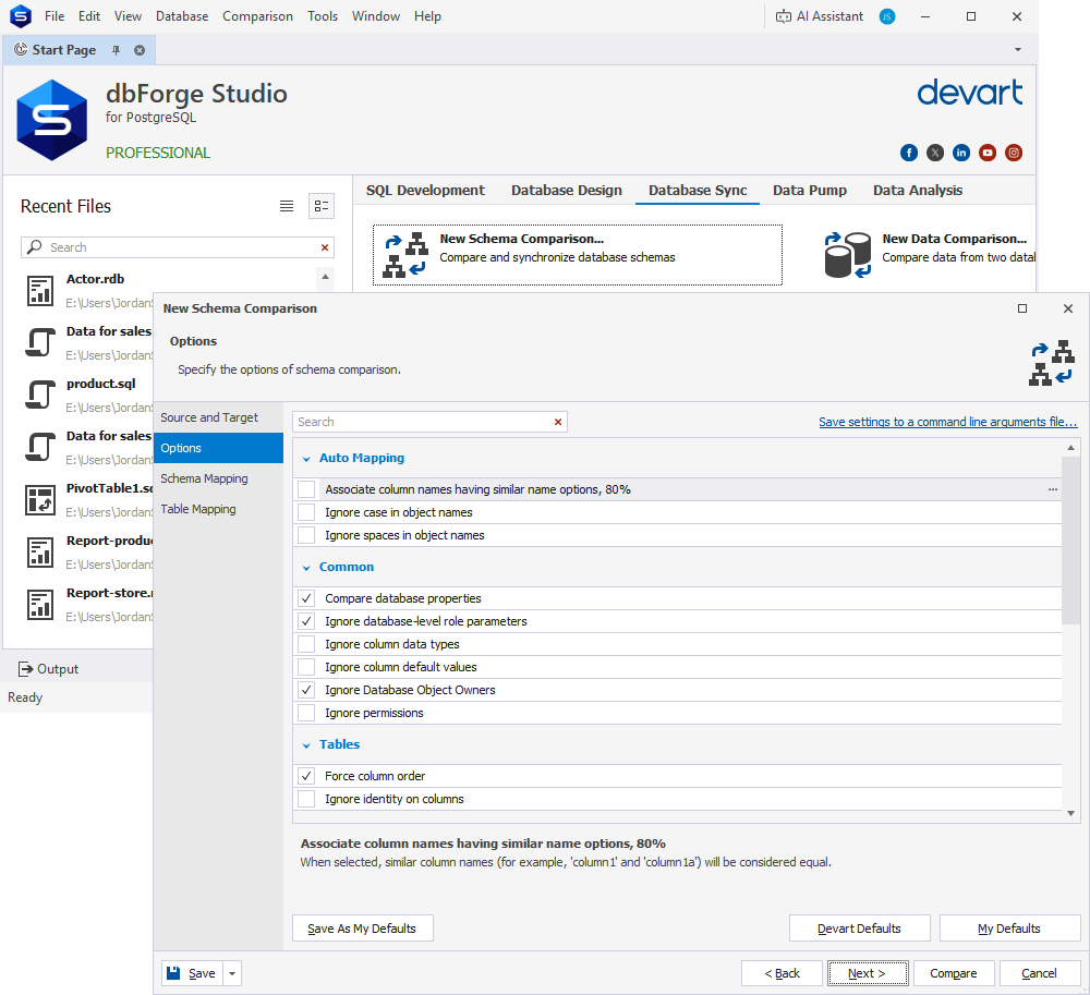New Schema Comparison - Options