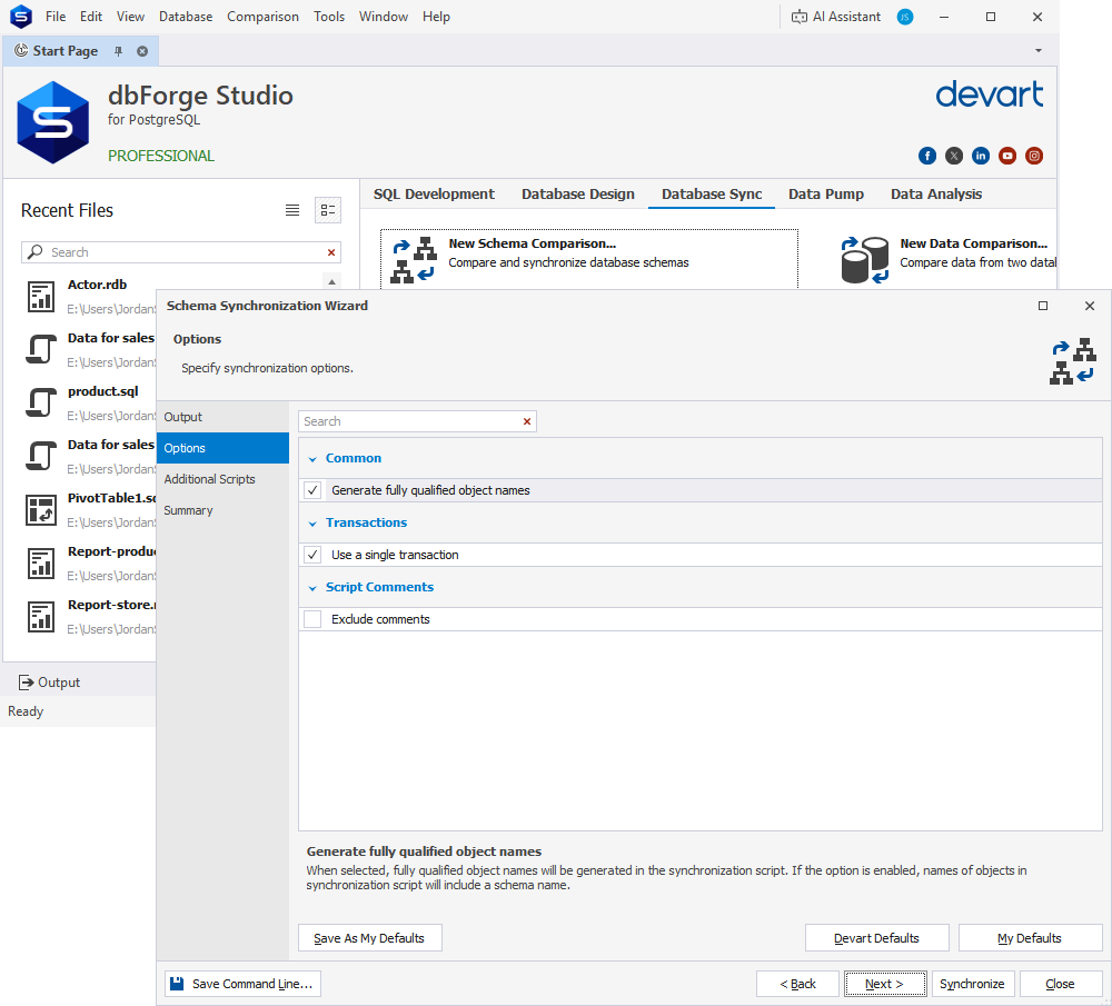 Schema Synchronization Wizard - Options