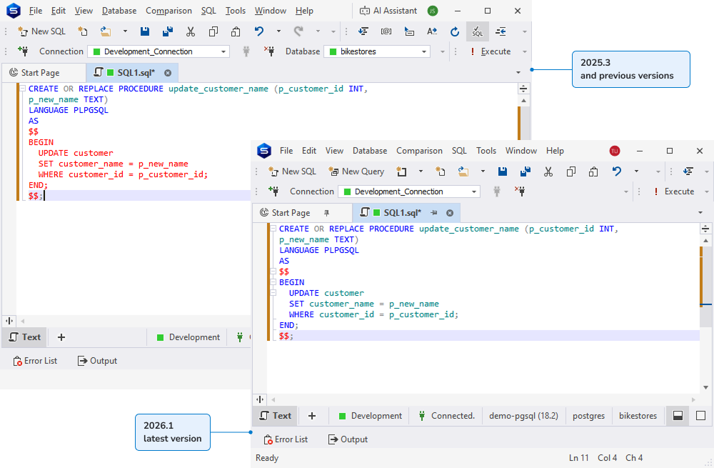 Syntax highlighting within code blocks enclosed in dollar quotes in dbForge Studio for PostgreSQL